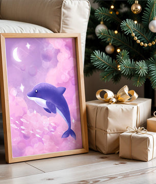 Dreamlike underwater scene with dolphin and moonlit sky