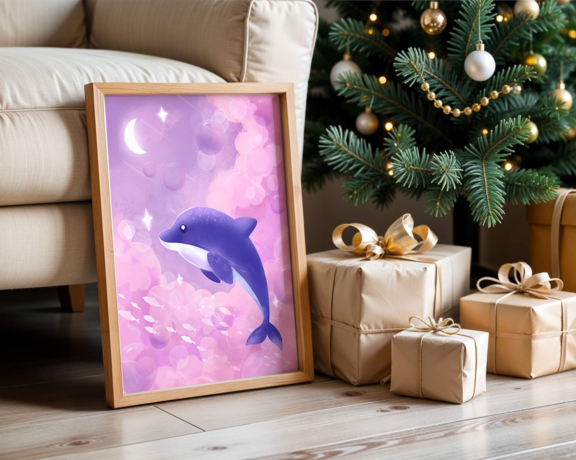 Dreamlike underwater scene with dolphin and moonlit sky