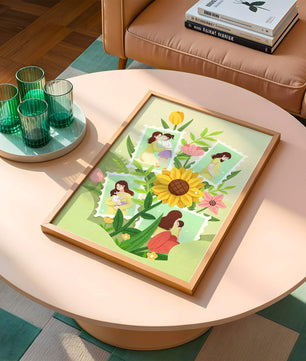 Ilustración de momentos familiares con fondo floral vibrante