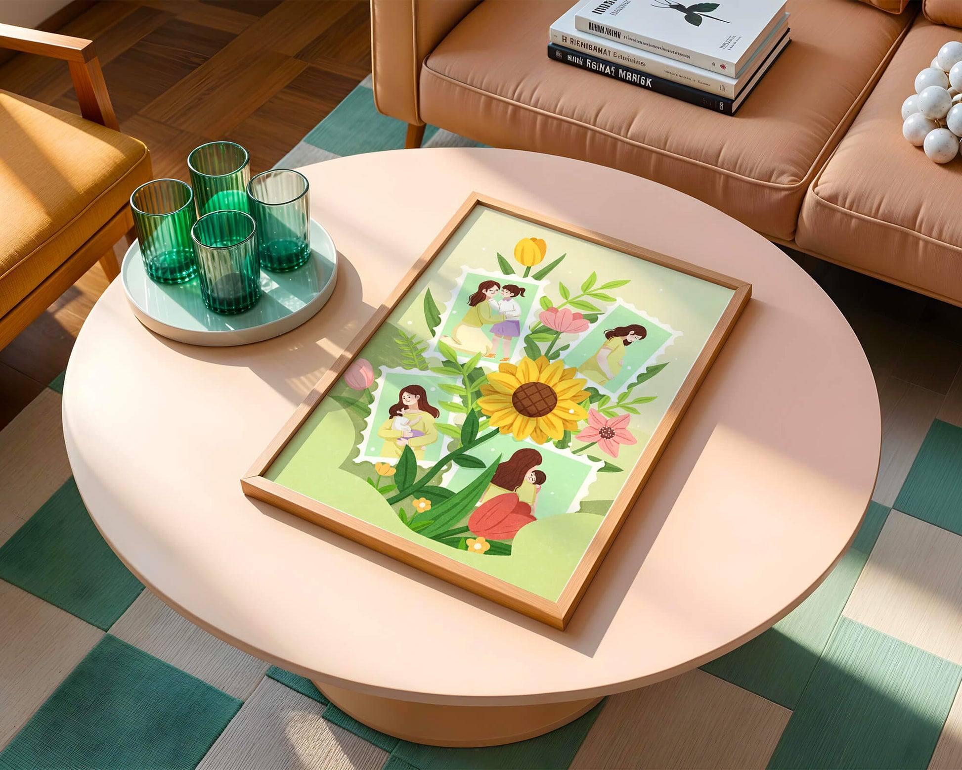 Ilustración de momentos familiares con fondo floral vibrante