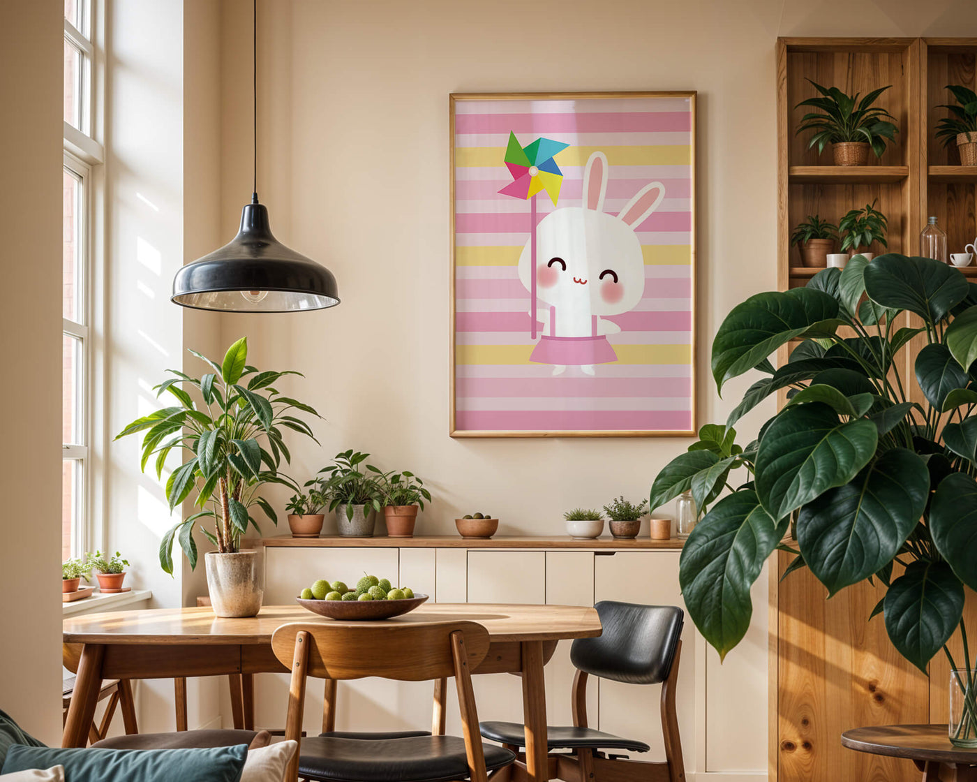 Adorable bunny with pinwheel on pastel striped backdrop