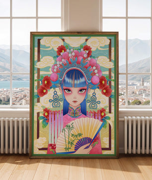 Ilustración elegante inspirada en el arte asiático con tocado elaborado y motivos florales