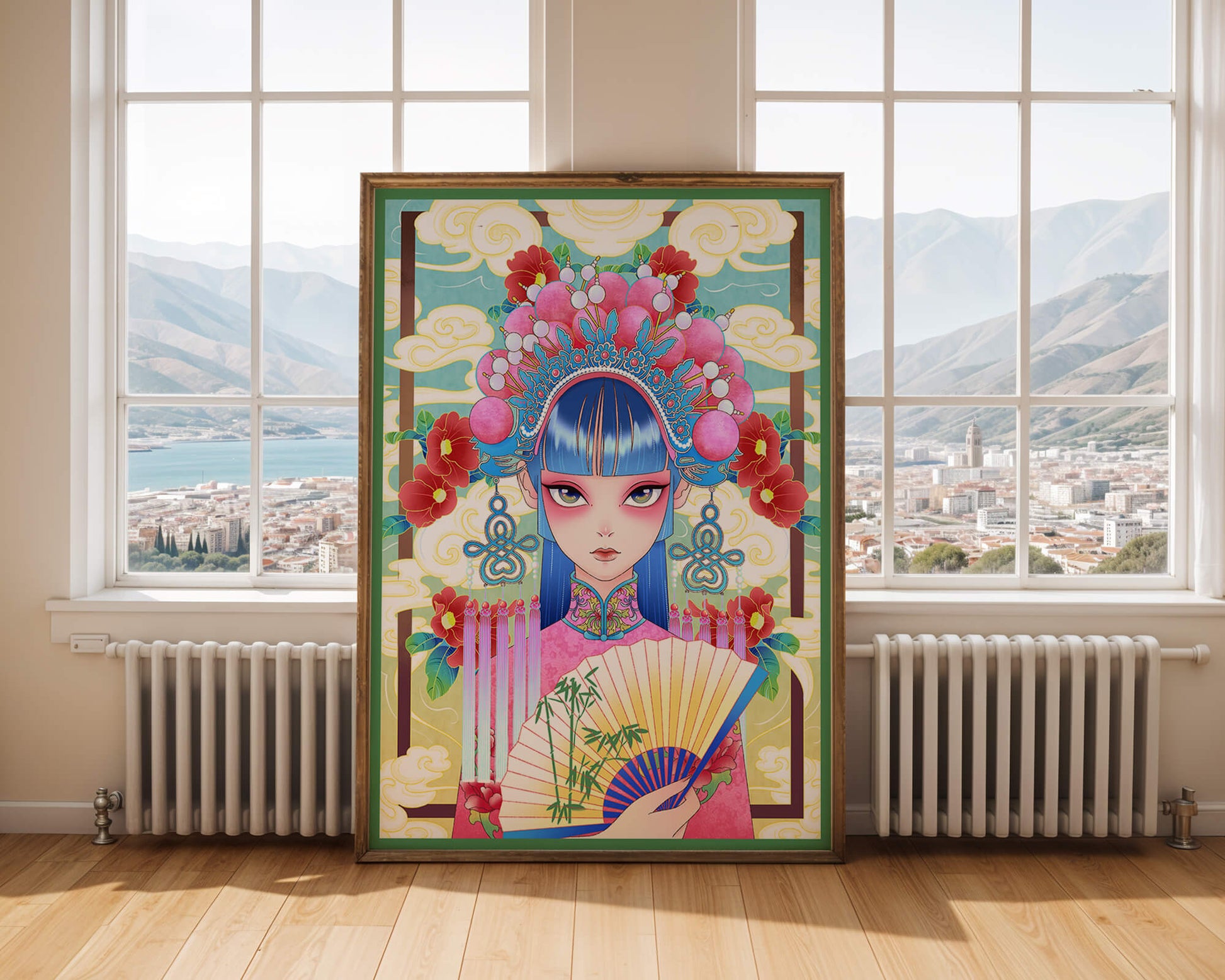 Ilustración elegante inspirada en el arte asiático con tocado elaborado y motivos florales