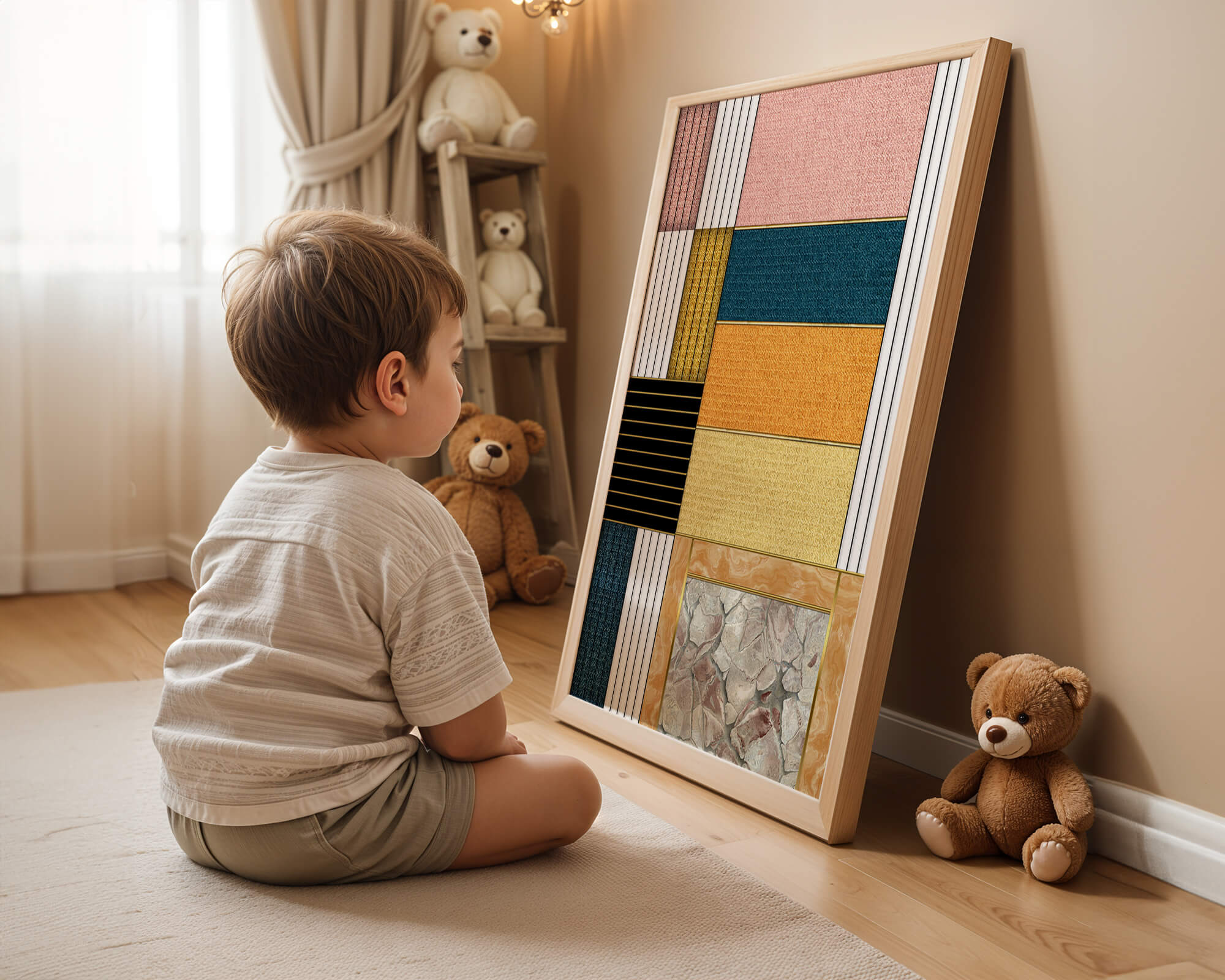 Geometric Abstract Art with Textured Blocks and Gold Accents - Mi tienda