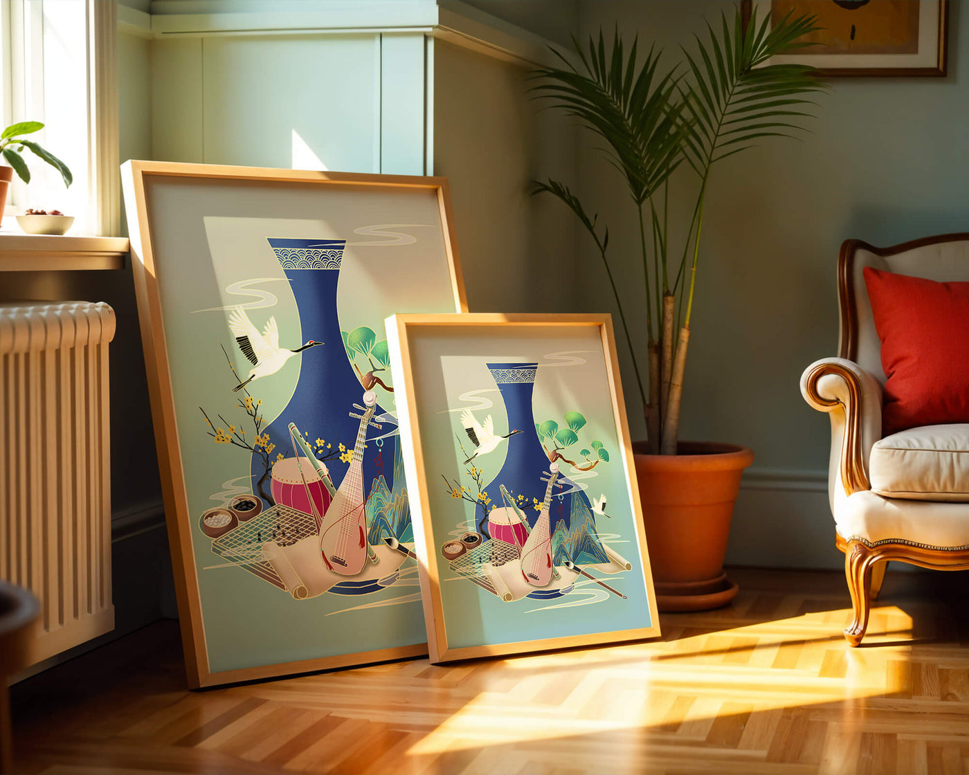 Traditional Asian art scene featuring vase, musical instruments, and cranes