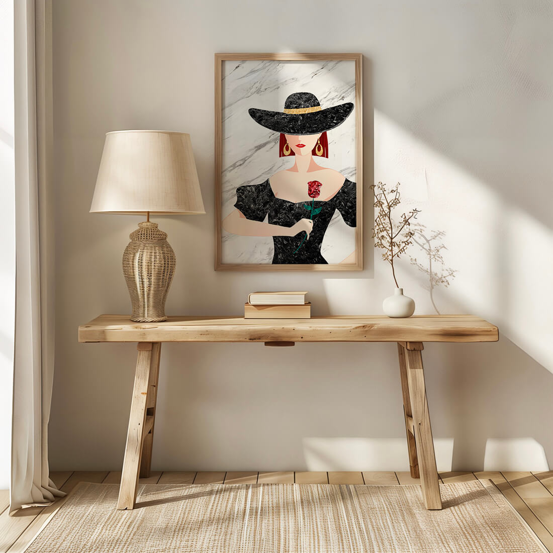 Elegante Frau mit stilvollem schwarzen Hut und roter Rose