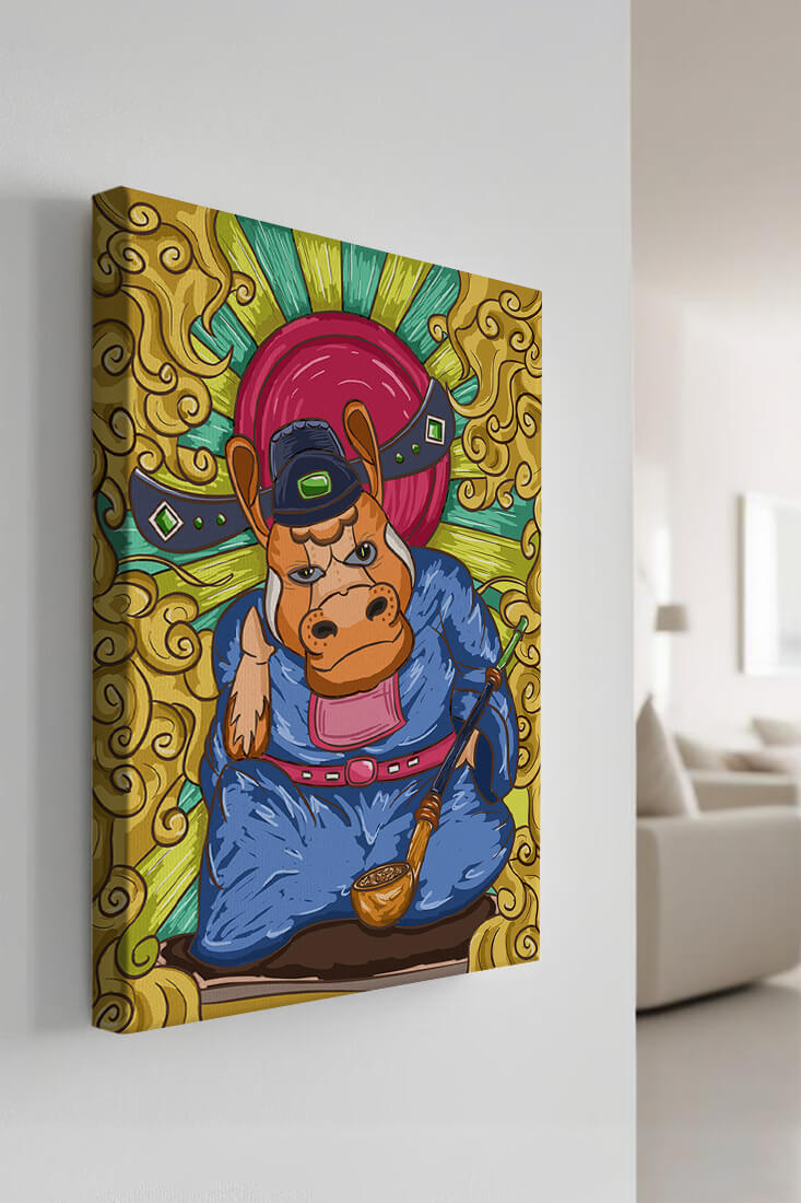 Traducción al español: Ilustración colorida de un personaje animal caprichoso con decoraciones ornamentadas a su alrededor.