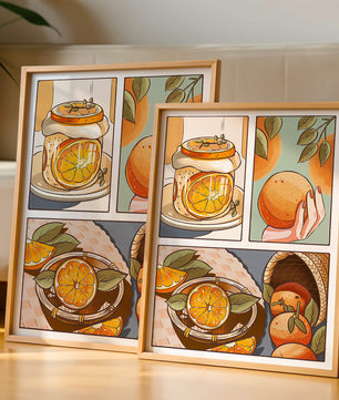 Ilustración colorida de naranjas y conservas con canasta