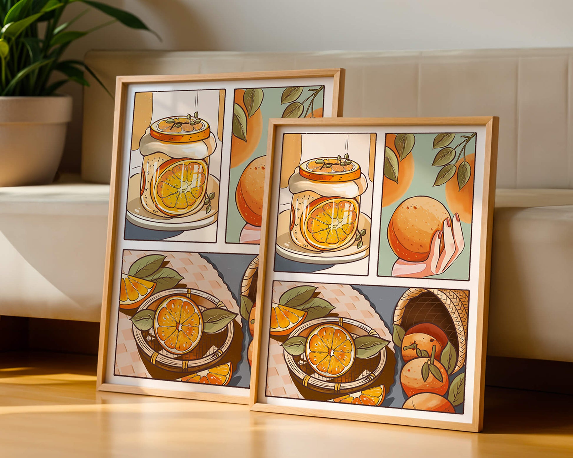 Ilustración colorida de naranjas y conservas con canasta