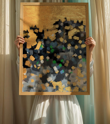 Abstract art with gold and colorful brushstrokes