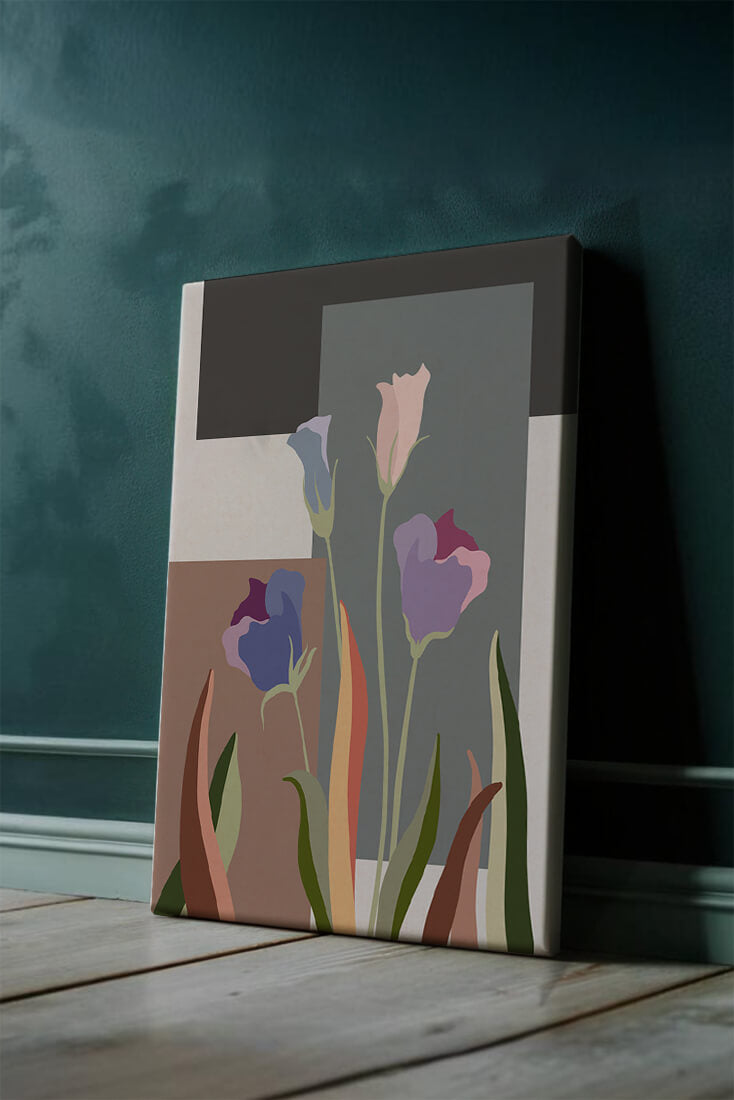 Arte floral abstracto con fondo geométrico colorido