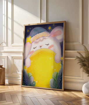 Sleepy rabbit with starry hat holding a glowing ball in a dreamy night scene