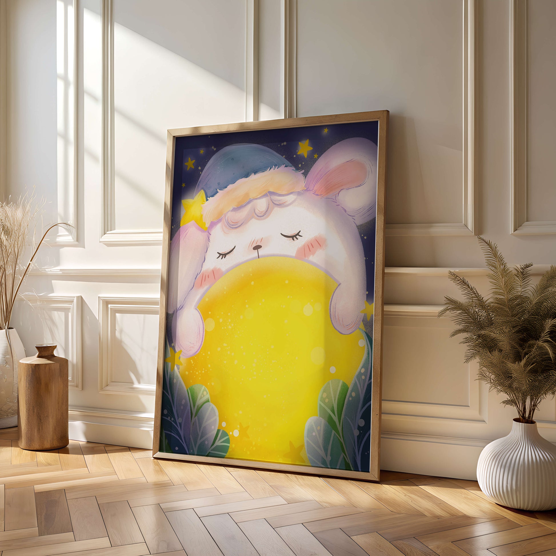 Sleepy rabbit with starry hat holding a glowing ball in a dreamy night scene