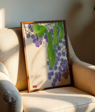 Ilustración de uvas y pepino con colores vibrantes y hojas