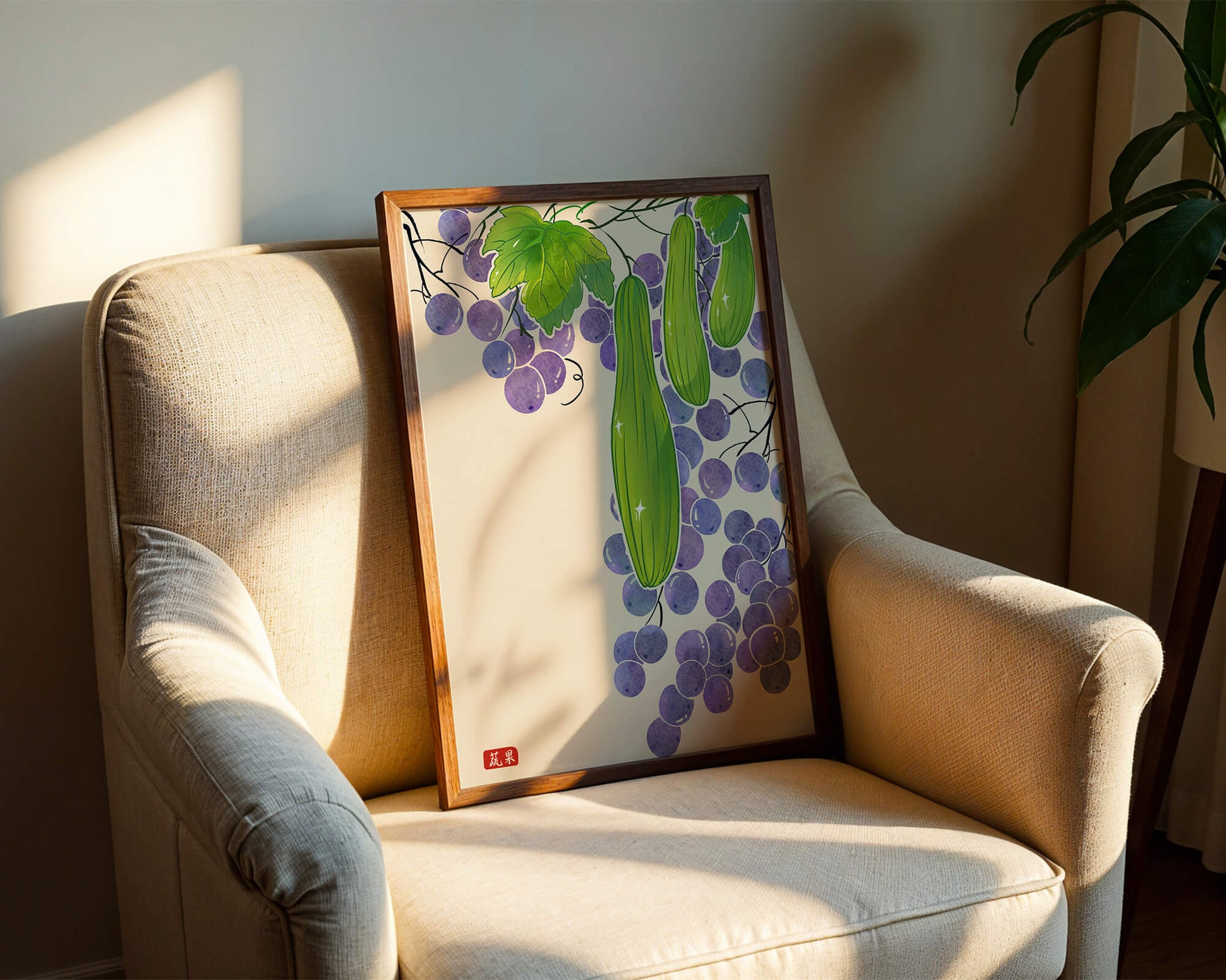 Ilustración de uvas y pepino con colores vibrantes y hojas