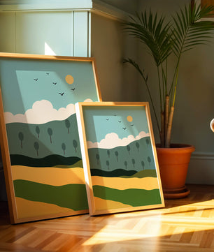 Minimalist Landscape with Hills and Sun