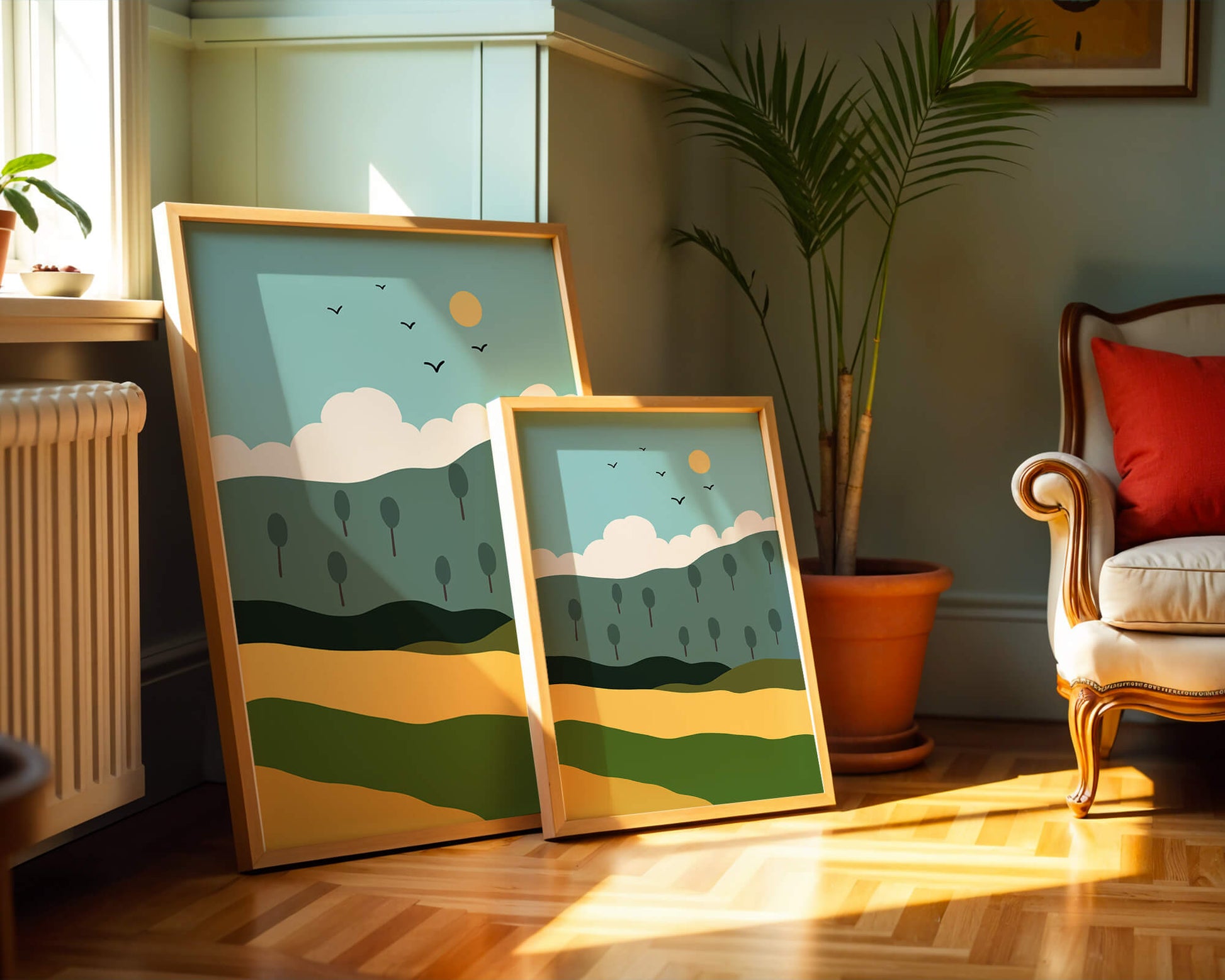 Minimalist Landscape with Hills and Sun