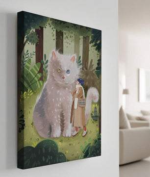 Verzauberter Wald mit einer riesigen Katze und einer Frau