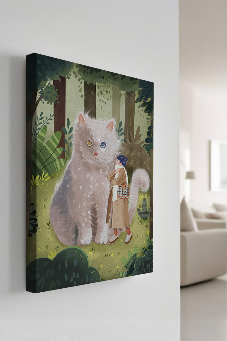 Verzauberter Wald mit einer riesigen Katze und einer Frau
