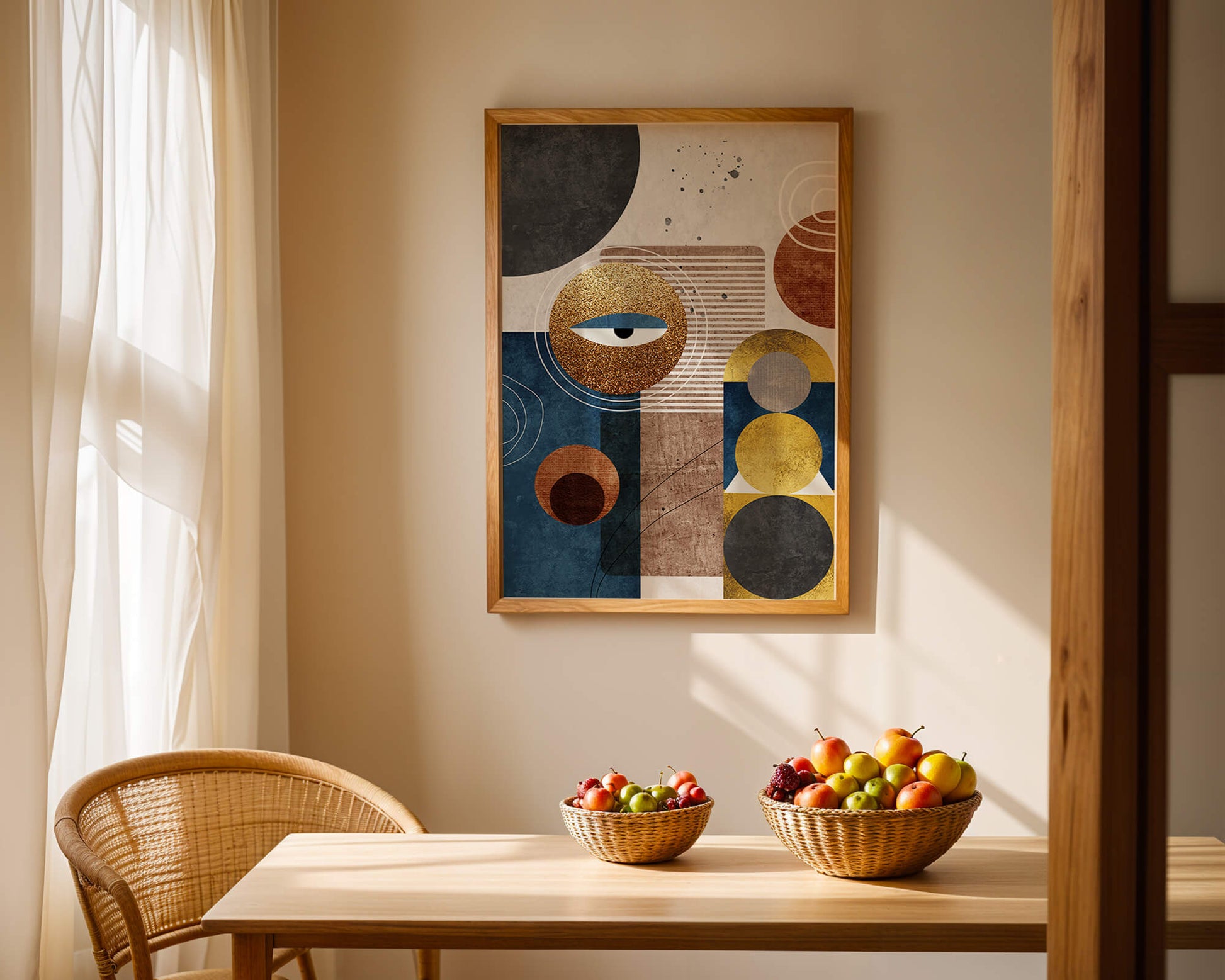 Abstract geometric artwork with gold and blue elements