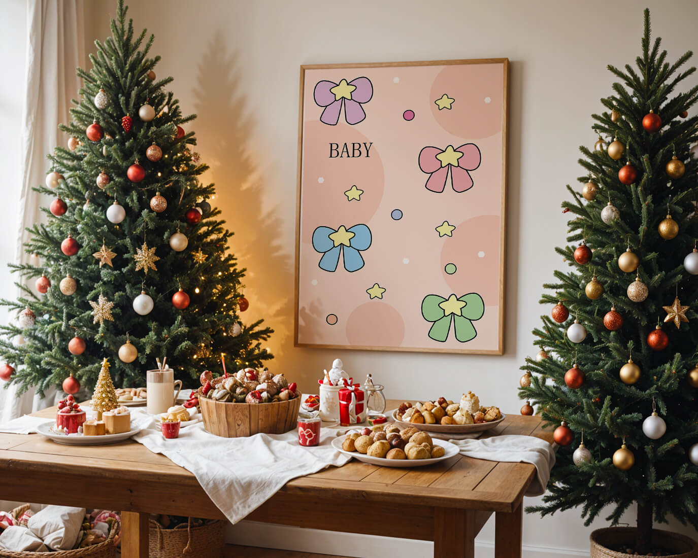 Colorful baby-themed backdrop with bows and stars