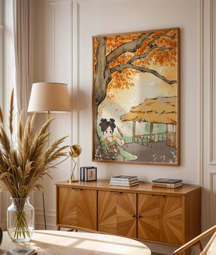 Escena de otoño con ilustración en estilo asiático tradicional