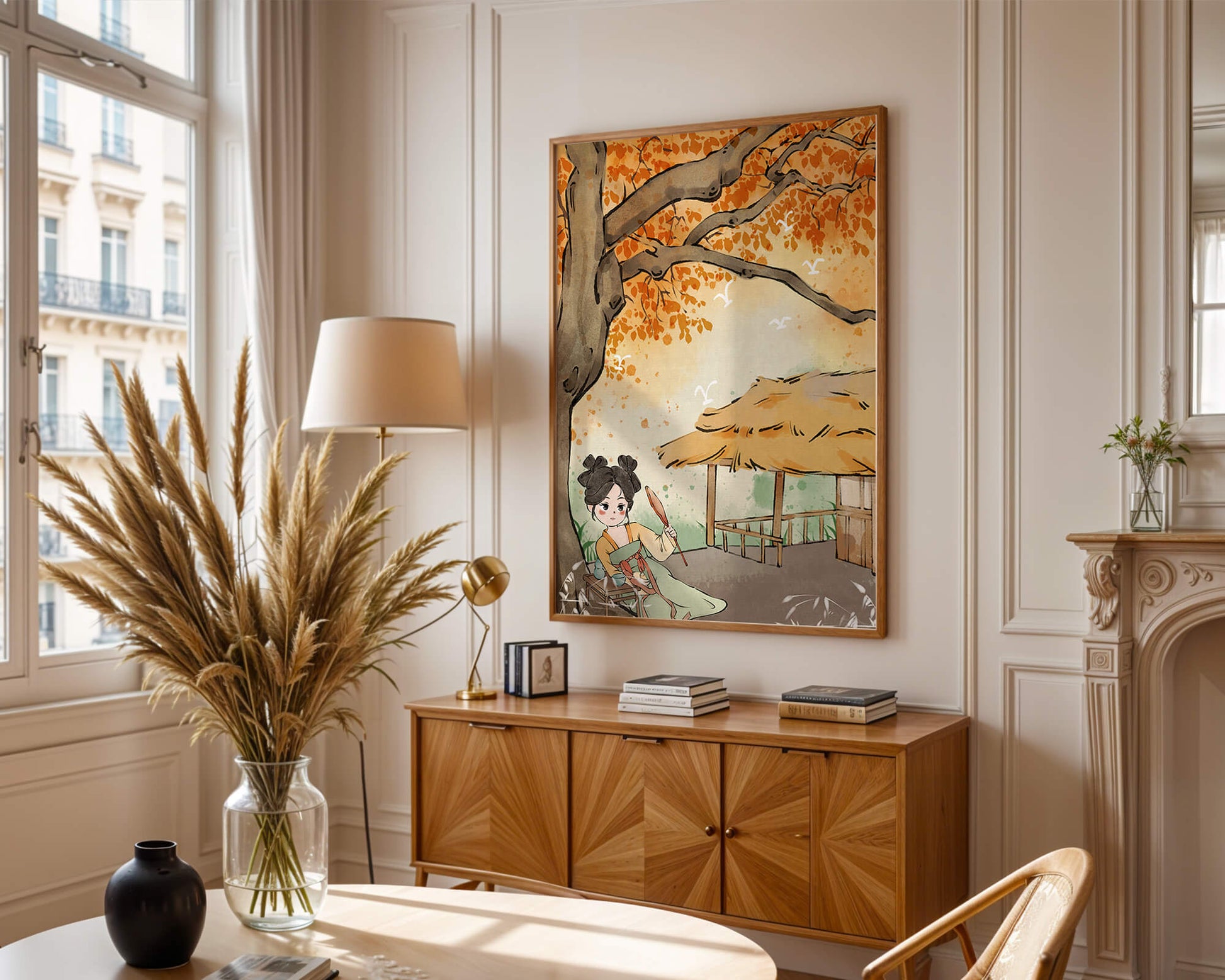 Escena de otoño con ilustración en estilo asiático tradicional