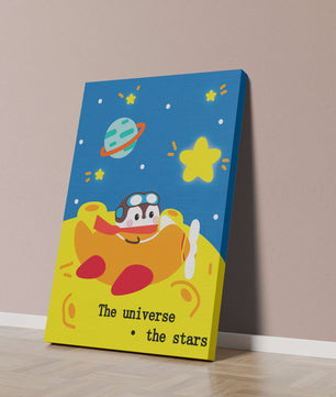 Colorful cartoon airplane with stars and planets in space