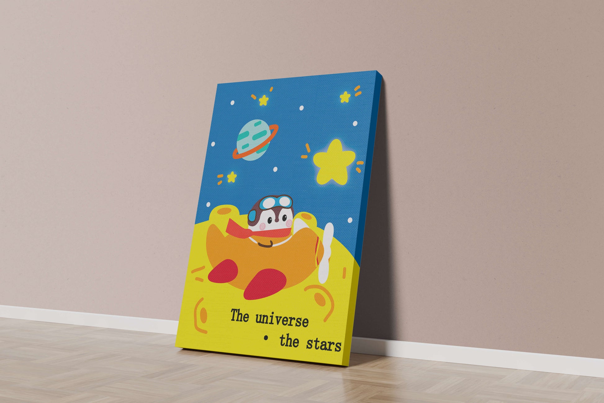 Colorful cartoon airplane with stars and planets in space