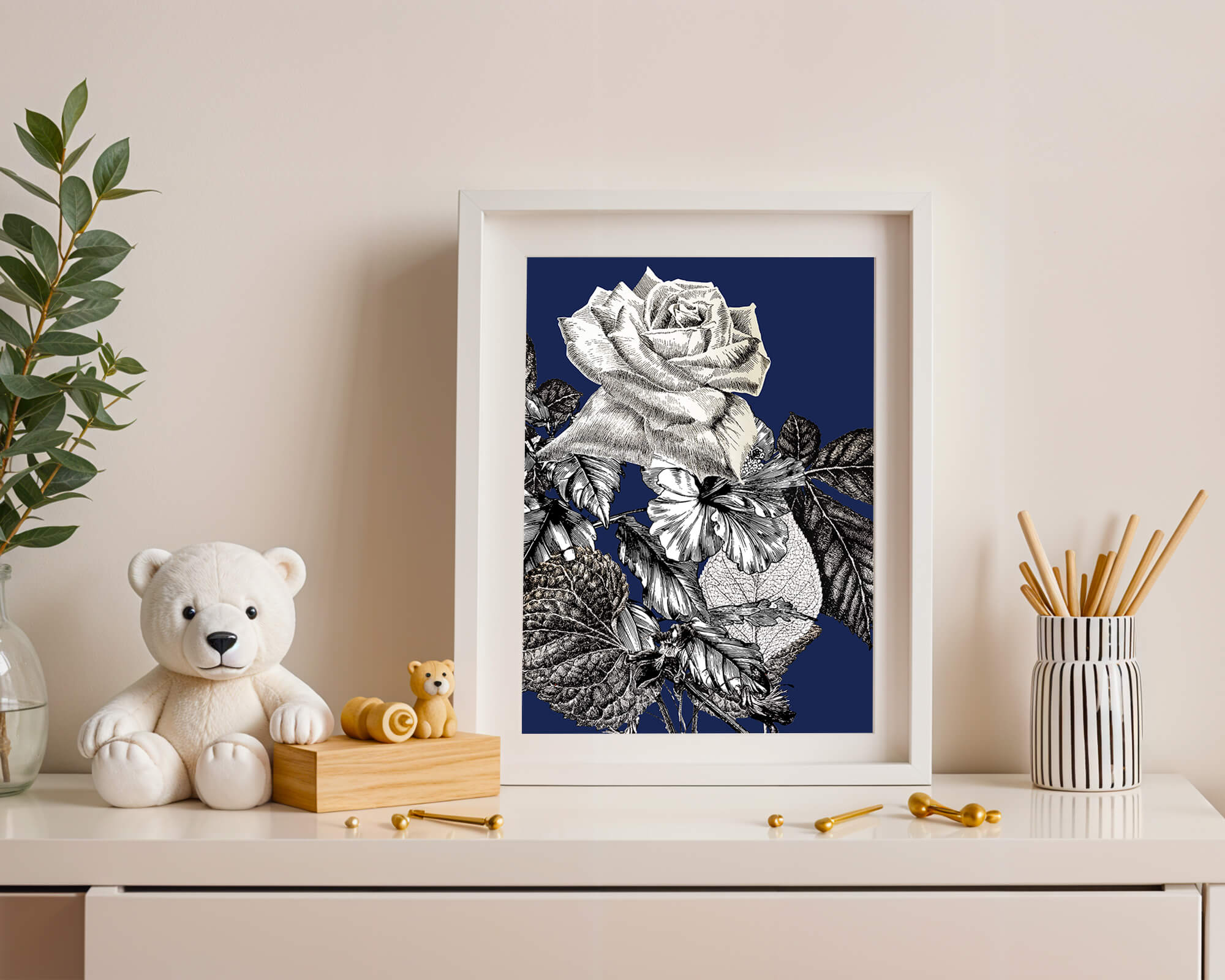 Intricate botanical illustration of roses and foliage on a deep blue background