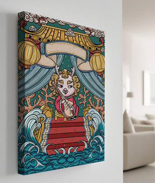 Illustration of a whimsical animal playing a stringed instrument in a fantastical setting