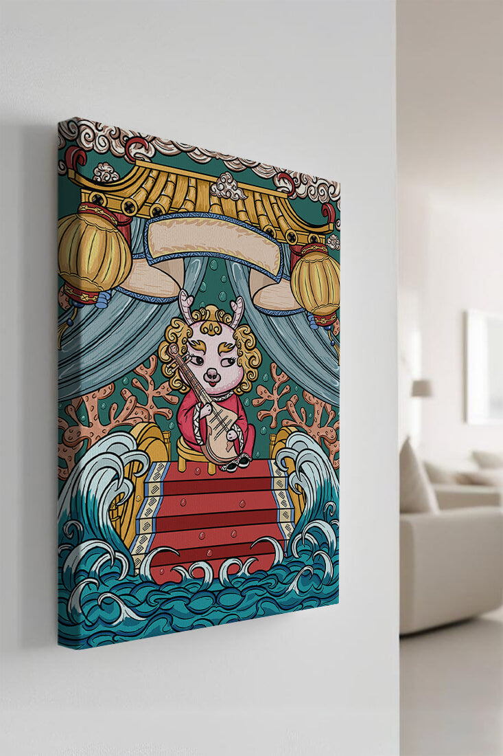 Illustration of a whimsical animal playing a stringed instrument in a fantastical setting