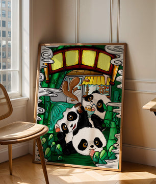 Ilustración de pandas encantadores disfrutando de helado bajo un puente de bambú