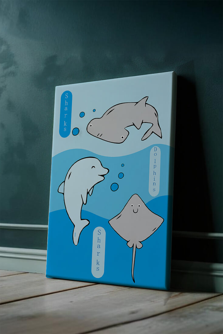 Cartoon sea animals illustration with shark, dolphin, and stingray