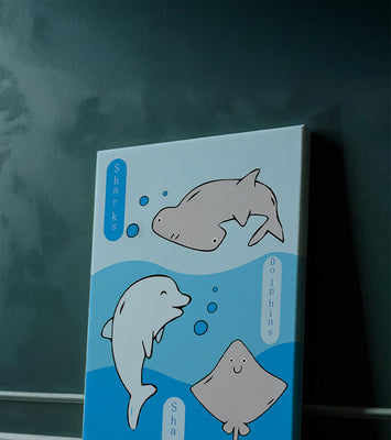 Cartoon sea animals illustration with shark, dolphin, and stingray