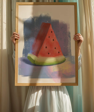 Ilustración en acuarela de una rodaja de sandía con fondo abstracto