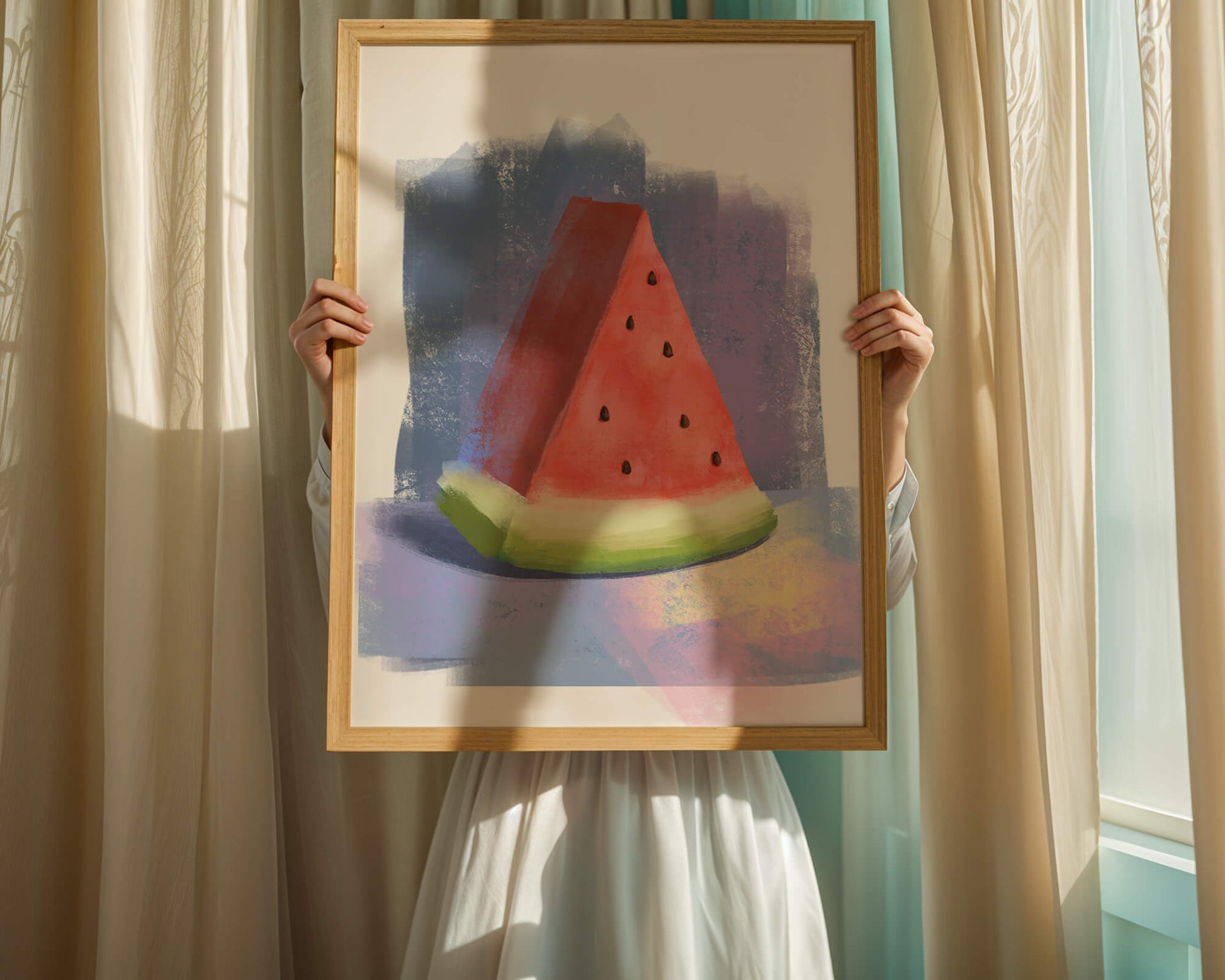 Watercolor illustration of a watermelon slice with abstract background