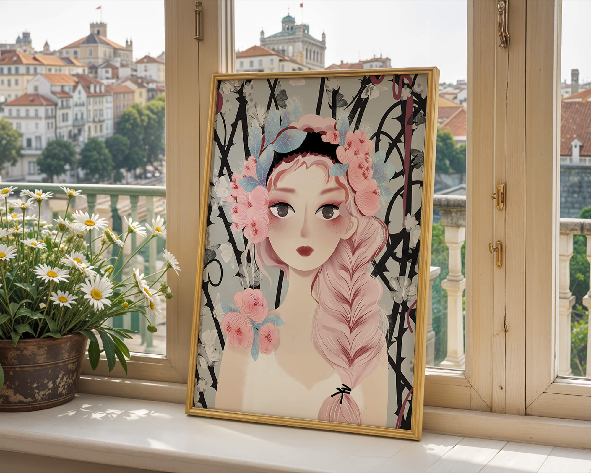 Illustration of a girl with floral headpiece against abstract floral background