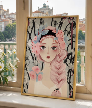 Illustration of a girl with floral headpiece against abstract floral background