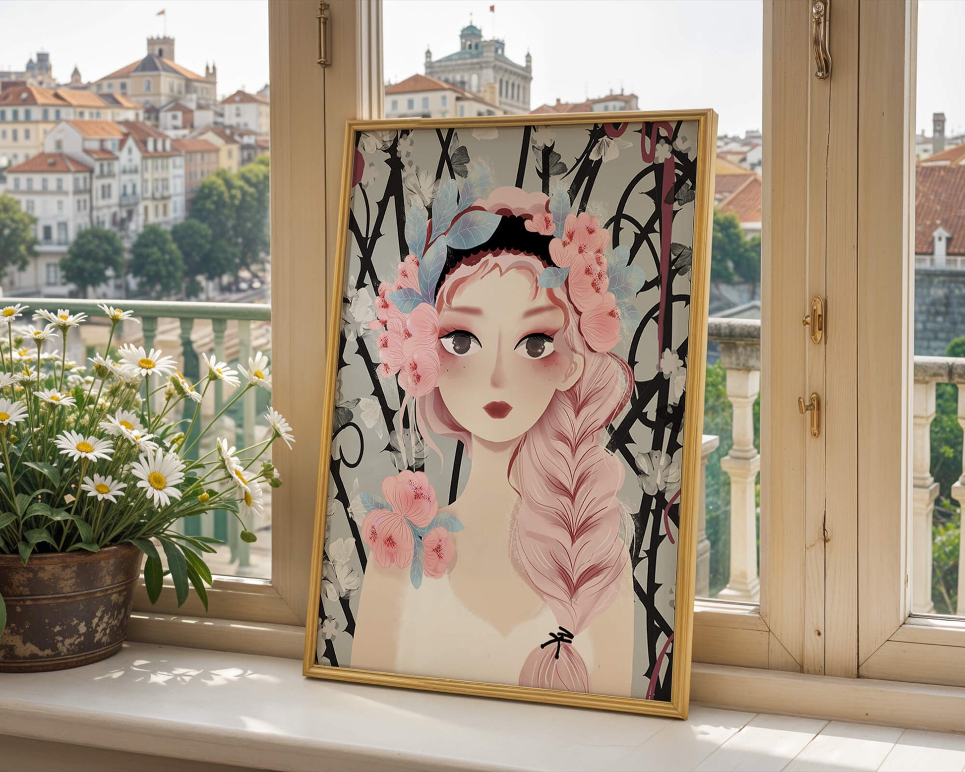 Illustration of a girl with floral headpiece against abstract floral background