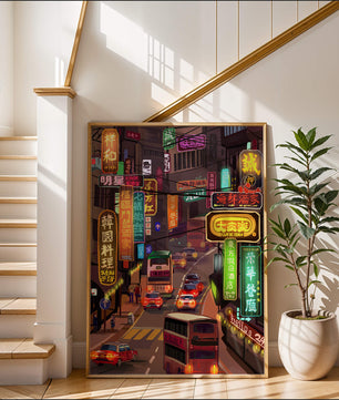 Vibrant urban street with neon signs and bustling traffic at night