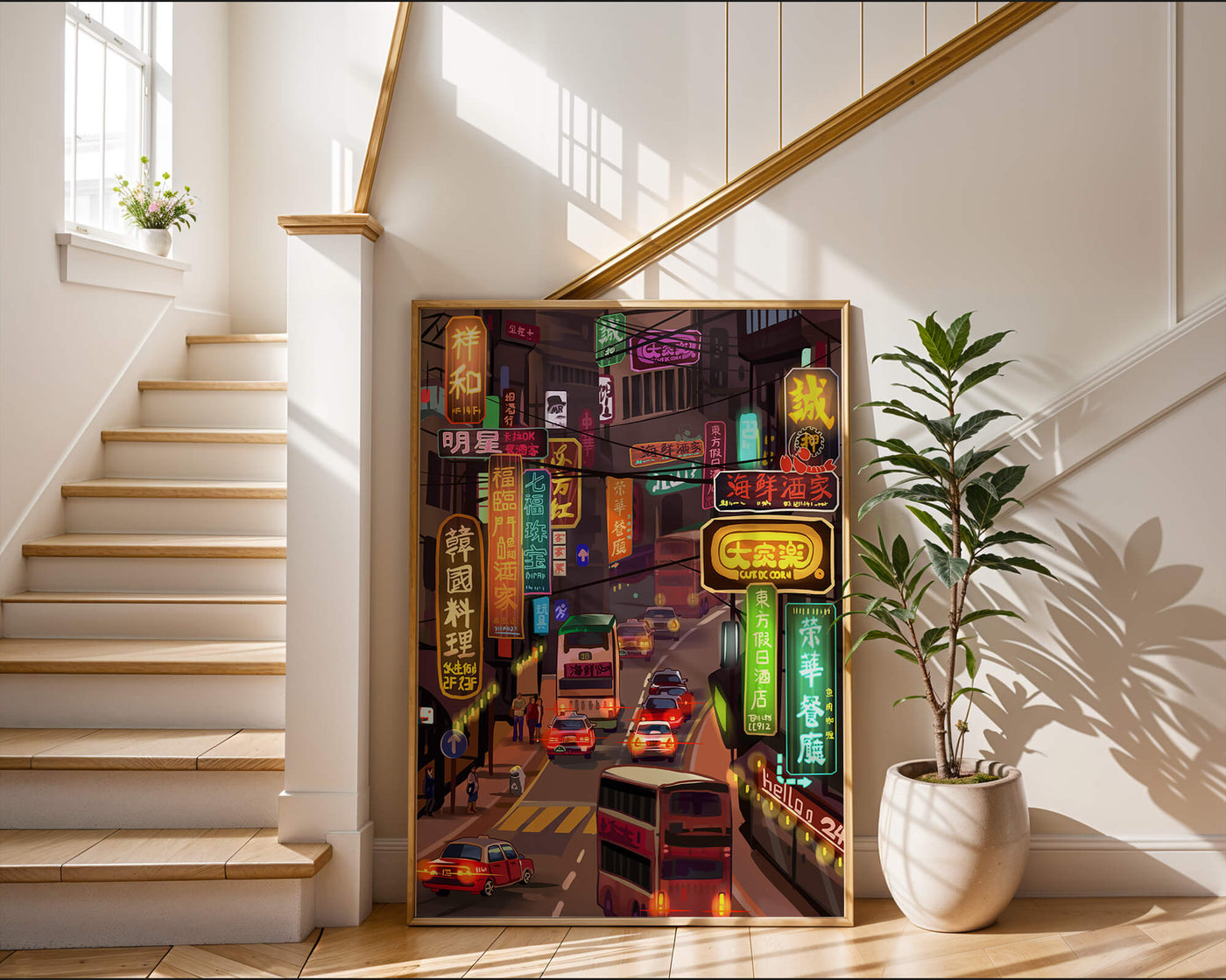 Vibrant urban street with neon signs and bustling traffic at night
