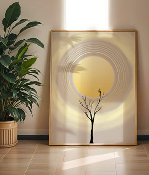 Silueta estilizada de un árbol con círculos concéntricos y un sol grande