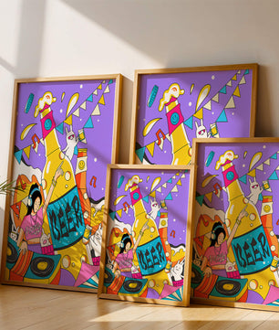 Vibrant Party Scene with DJ and Cartoon Characters