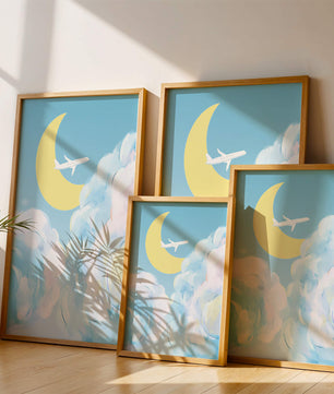 Ilustración de cielo panorámico con avión y luna creciente
