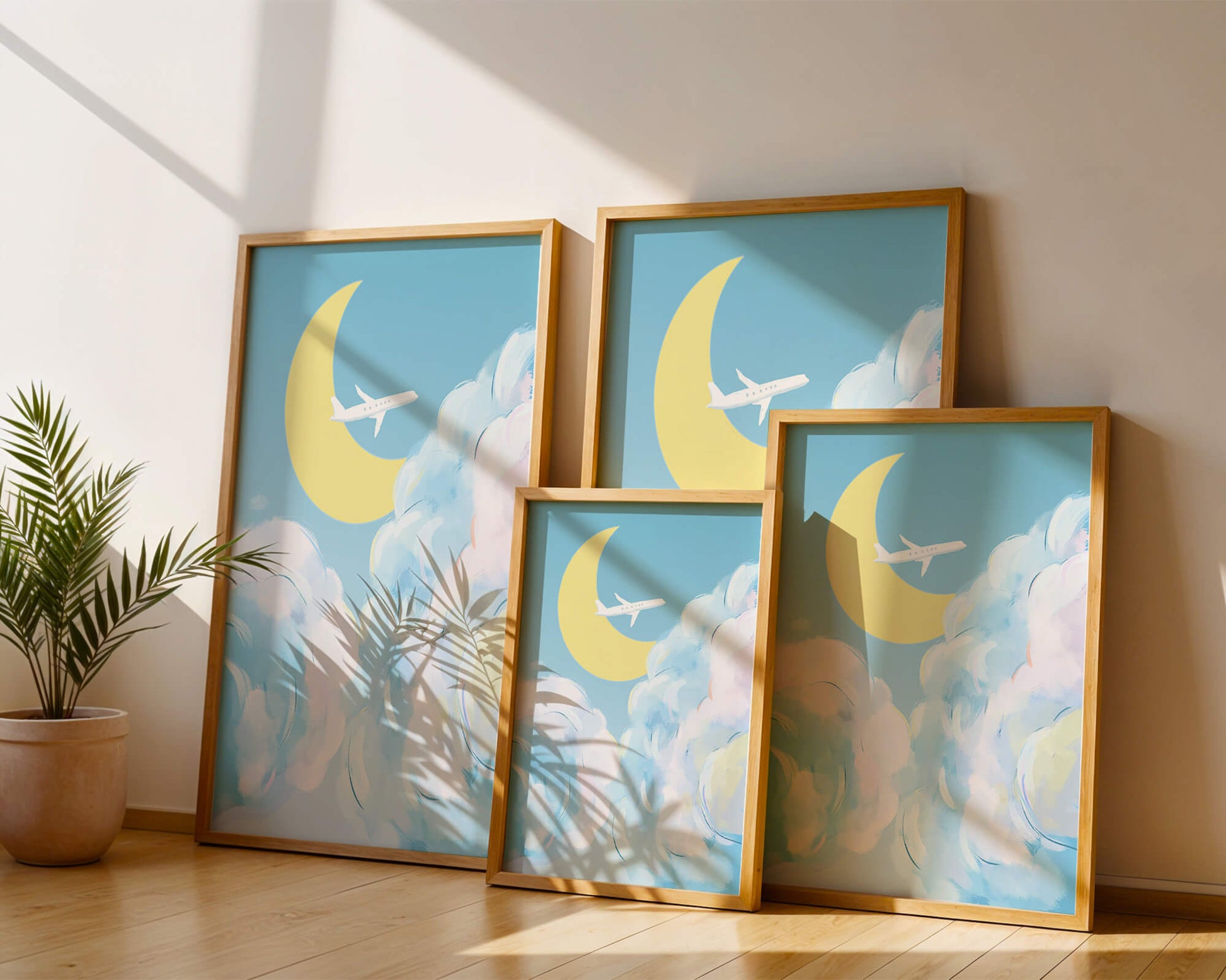 Scenic sky illustration with airplane and crescent moon