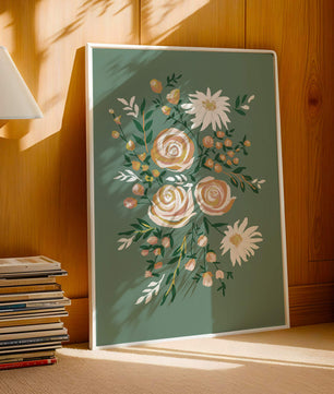 Floral illustration with roses and daisies on green background