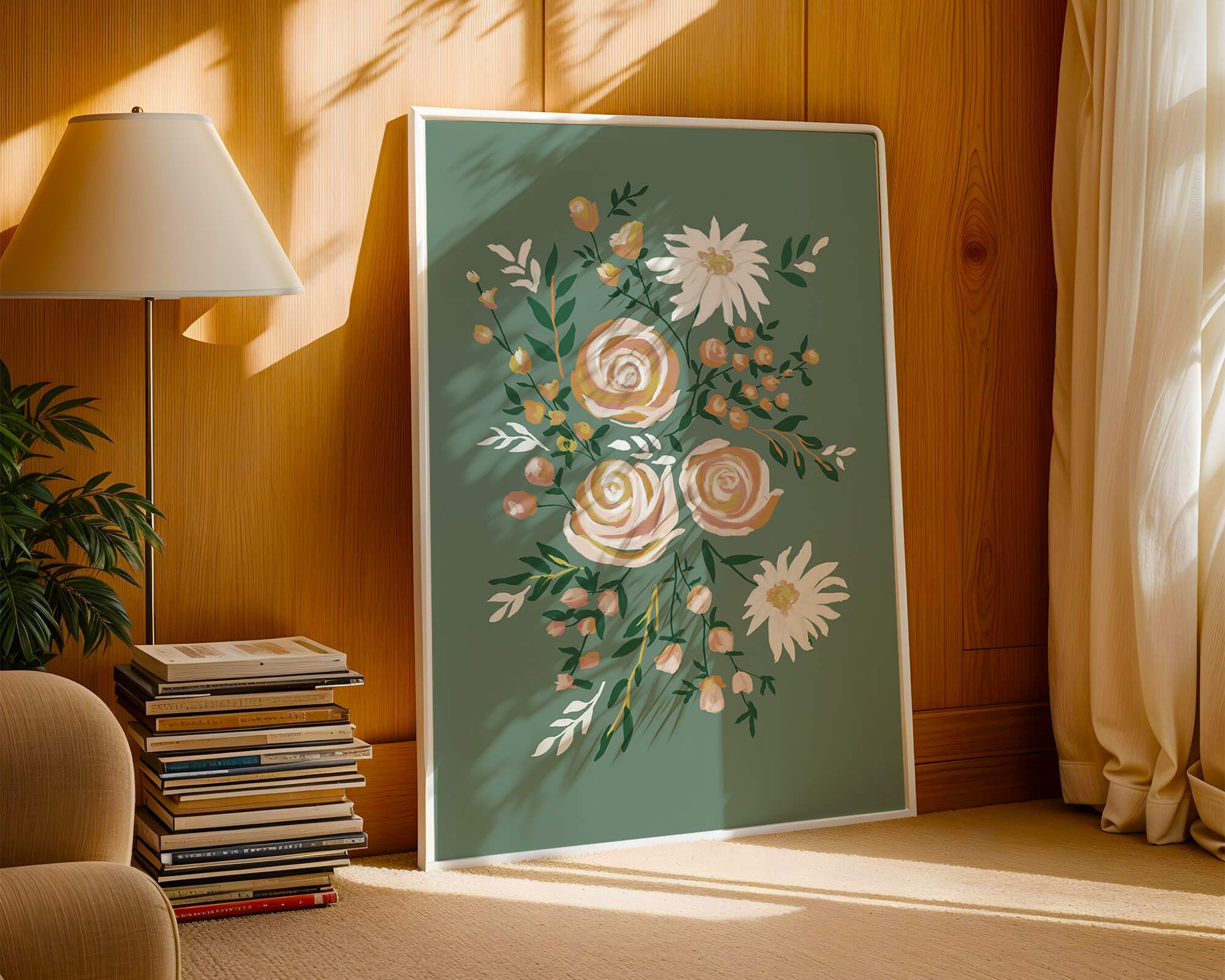 Floral illustration with roses and daisies on green background