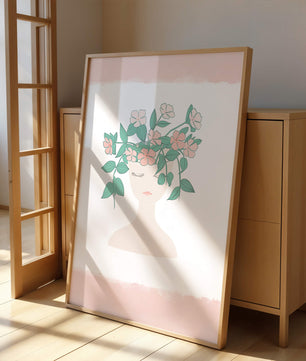 Illustration of a Minimalist Face with Floral Headpiece and Pink Background