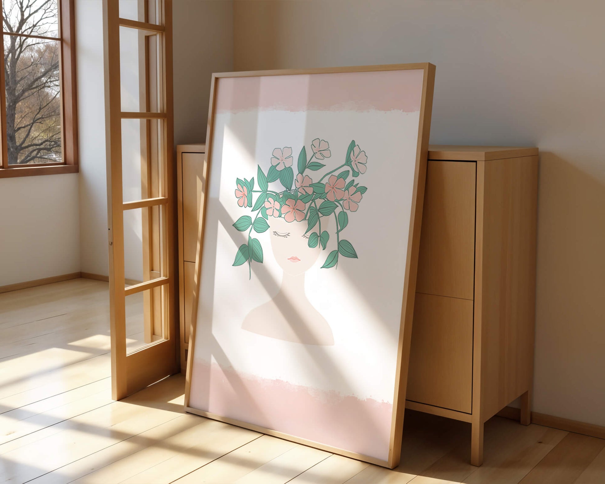 Illustration of a Minimalist Face with Floral Headpiece and Pink Background